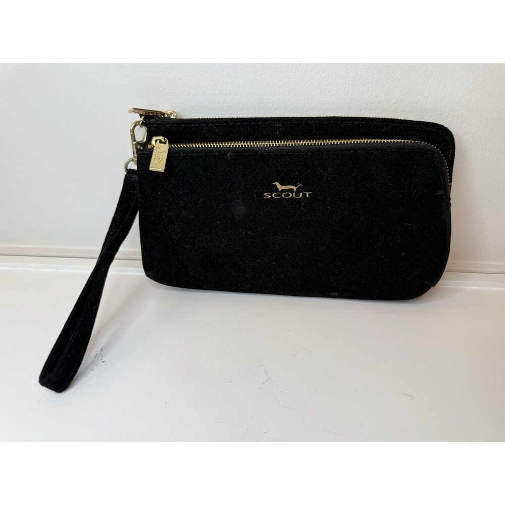 SCOUT Black Velvet Double Zip Wristlet Clutch Pouch Gold Hardware Plaid Lining